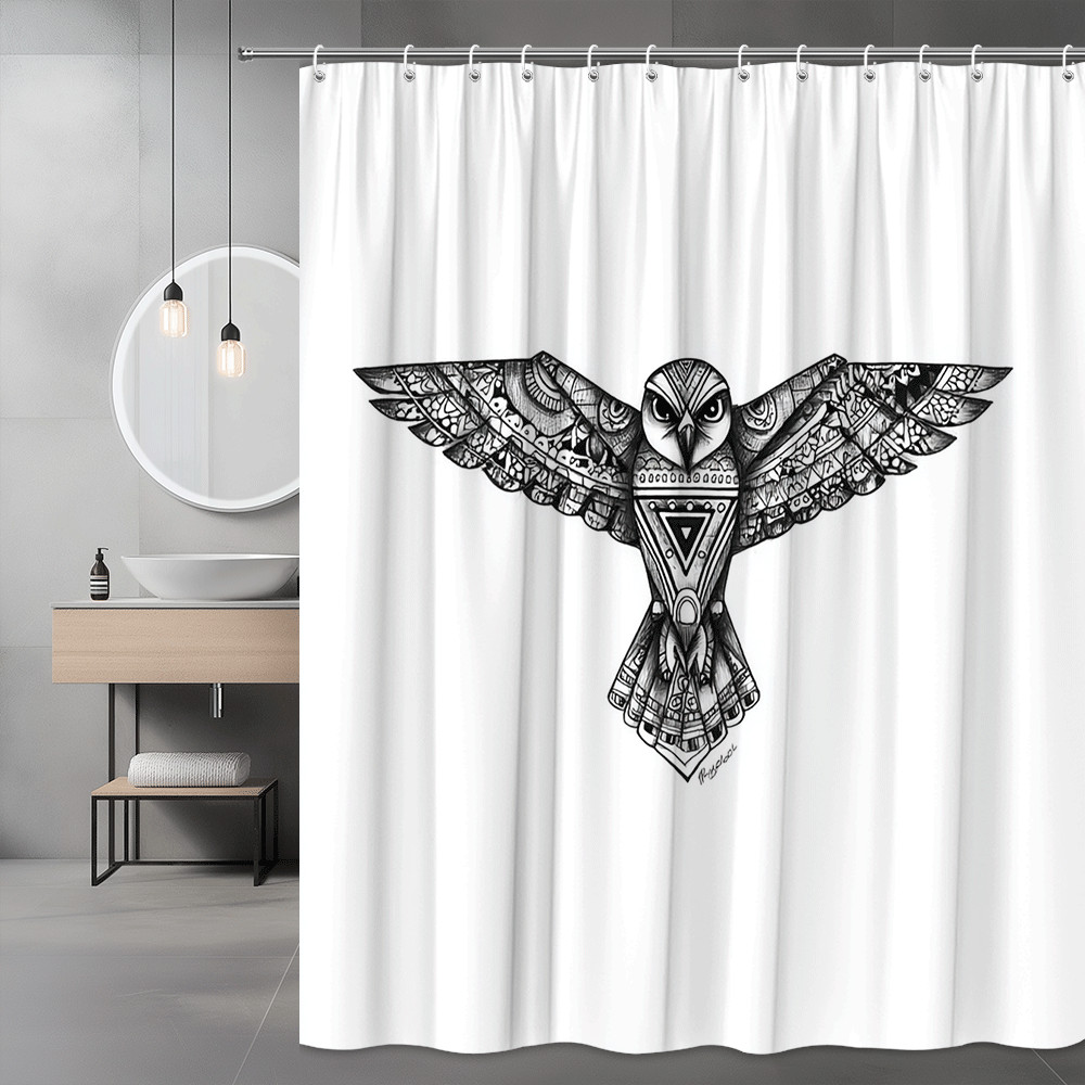 Owl Graphic Shower Curtain Black White Boho Bird Print