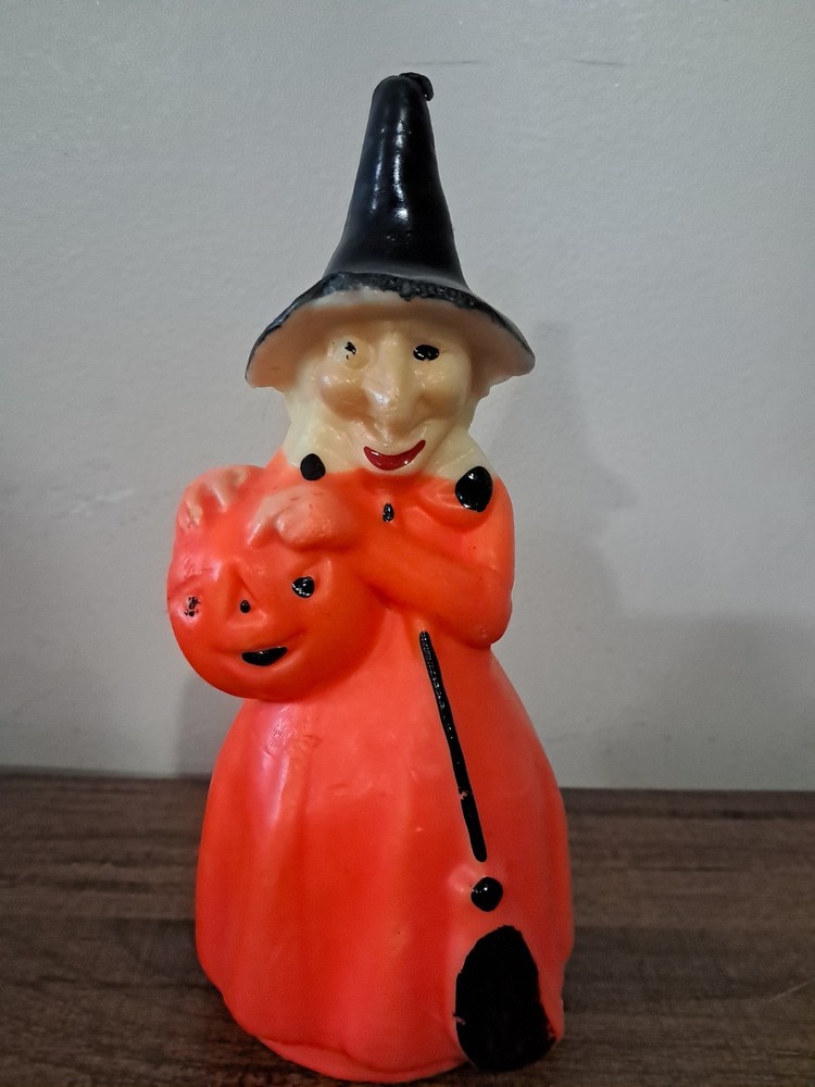 Large Vintage 1950s Gurley Halloween Candle Scary Witch with Pumpkin & Broom 59c