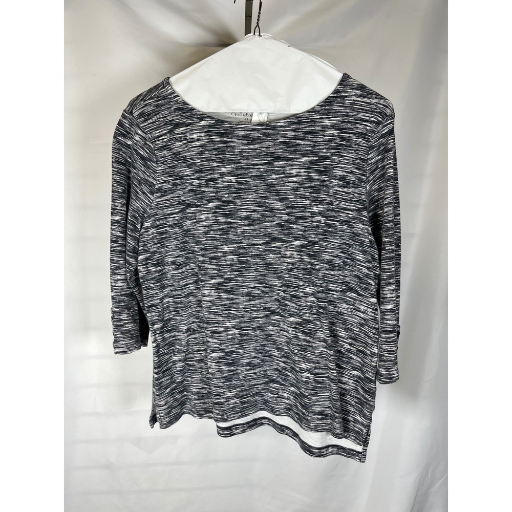 Croft & Barrow Womens XL Black White Space Dye 3/4 Sleeve Boat Neck Knit Top