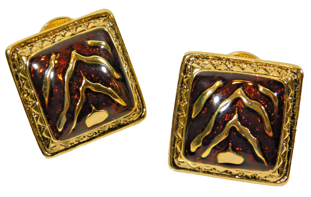 Vintage Premier Designs Gold Tone Bronze Enameled Animal Print Clip On Earrings