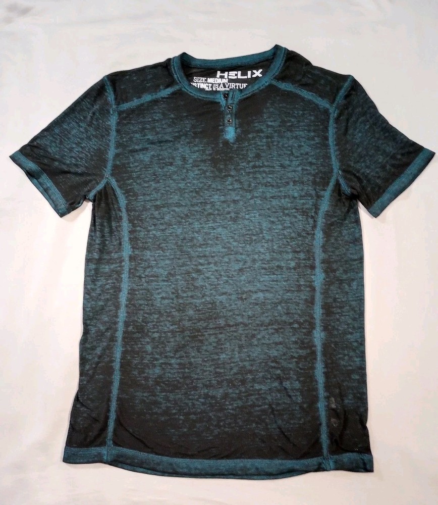 Helix Shirt Mens Medium Black Blue Henley Burn Out Short Sleeve