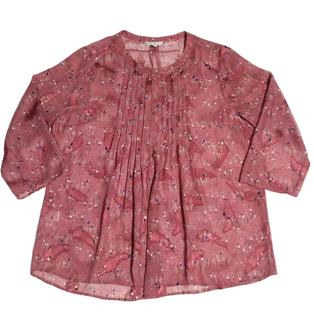 Pale Sky Size XL Blouse Sheer Pink 3/4 Sleeve Feather Design