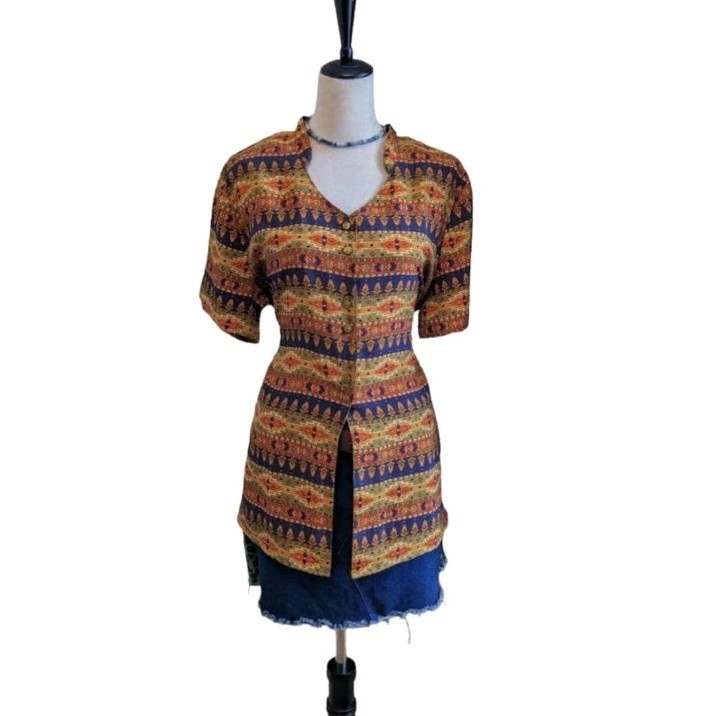 90s Momentum Blouse Womens Large Boho Geometric Print Button Front Vintage Top