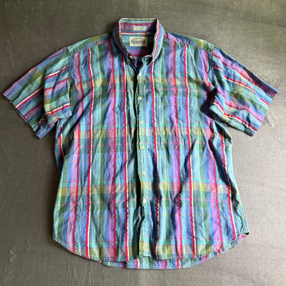 Vintage Britches Great Outdoors Madras Shirt Large Blue Green Plaid Cotton SS