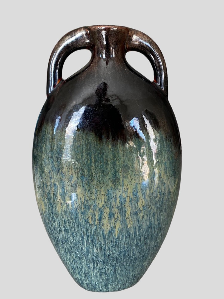 Pottery Juggernaut Ceramic Base Glazed Vintage 11” Brown/ Blue Double Handles