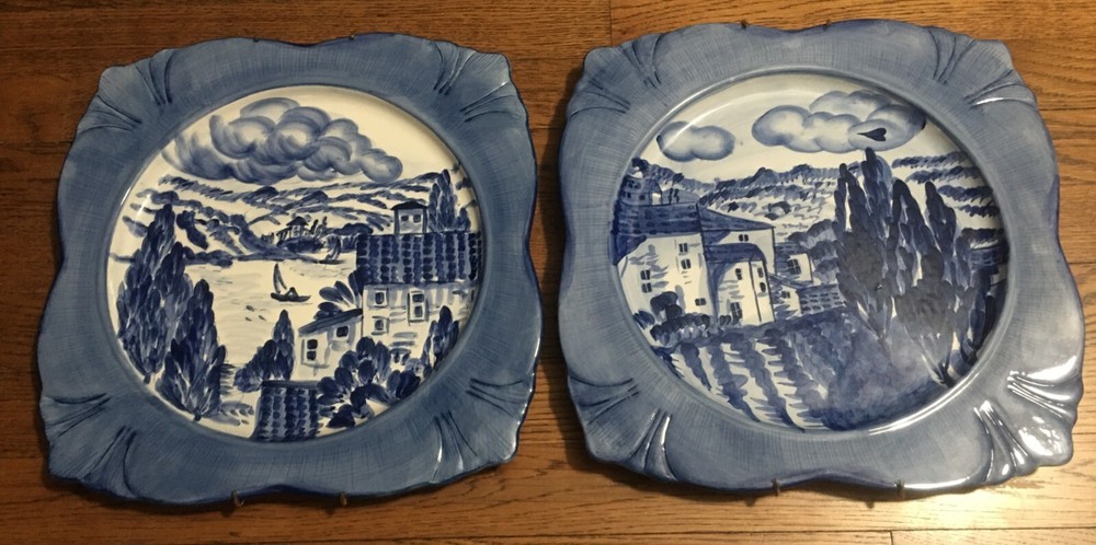 Tuscany Dawn by Artimino Dinner Plate Platter Hand Painted Blue White Set of 2