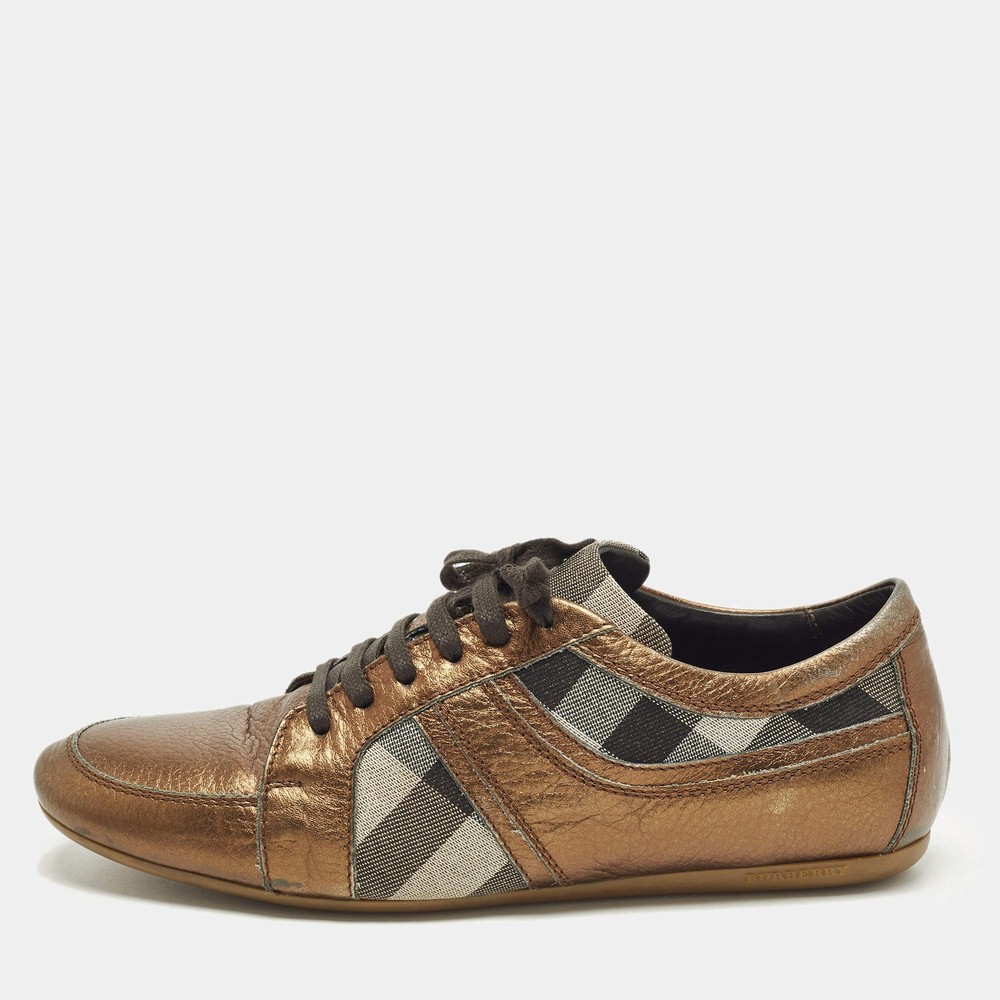 Burberry novacheck Size 37 Metallic Bronze Canvas and Leather Lace Up Sneakers