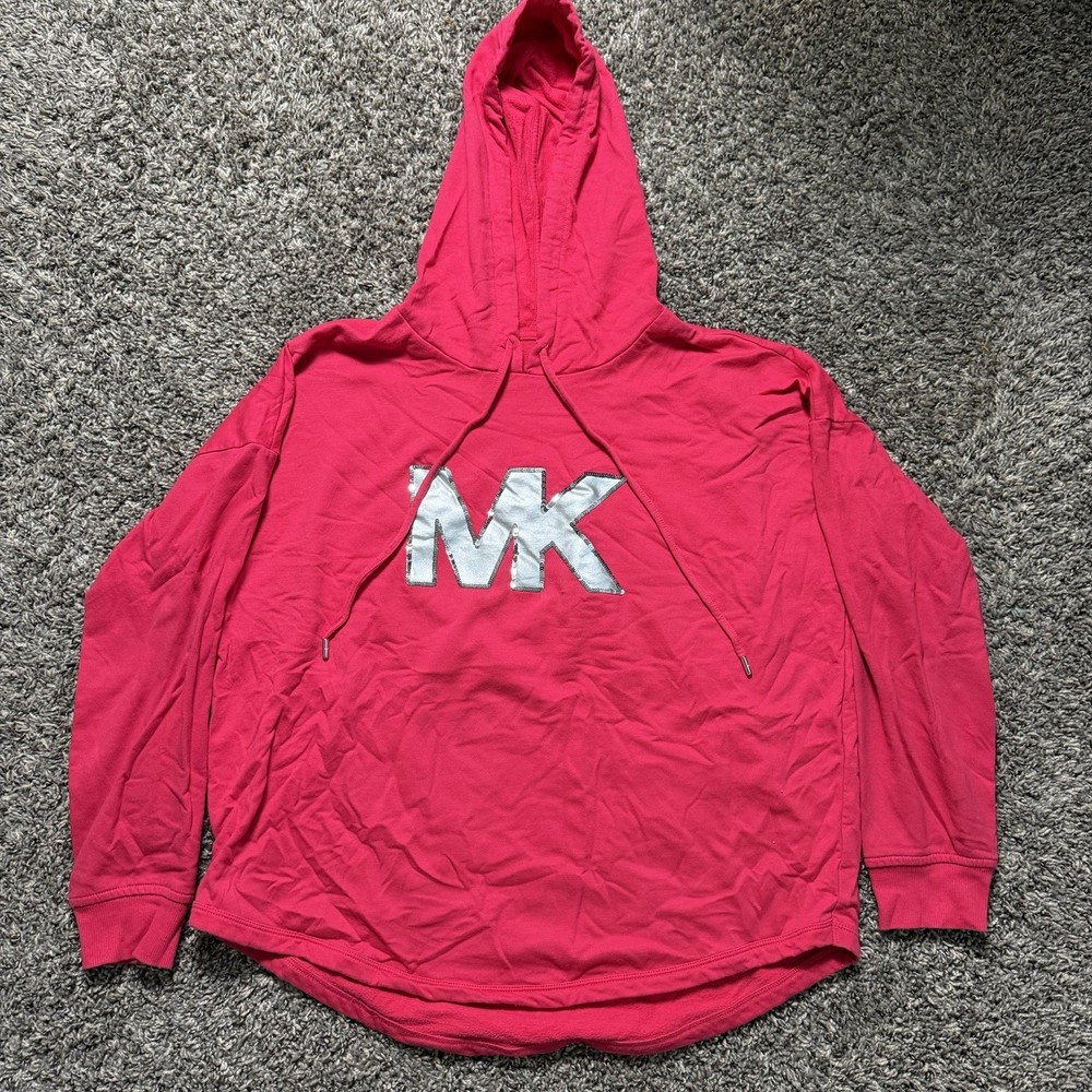 Size L MICHAEL KORS  WOMEN'S DEEP PINK With SILVER SEQUIN  LOGO HOODIE
