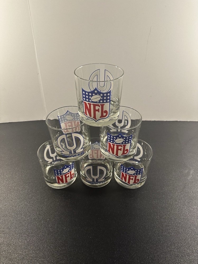 NFL PIONEER Speakers Low Ball High Whiskey On The Rocks Bar Set Of 6 Glasses Vtg