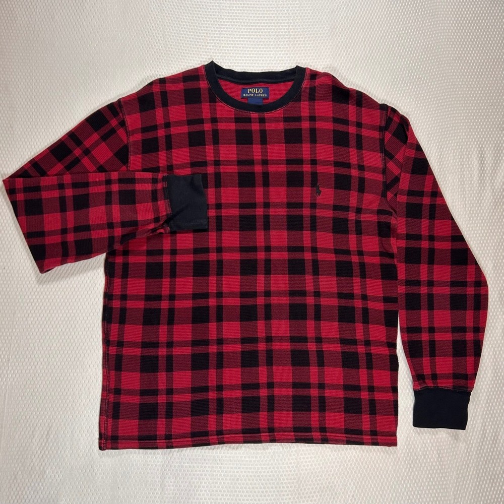 Polo Ralph Lauren Mens Red Black Buffalo Plaid Waffle Knit Thermal Shirt Large