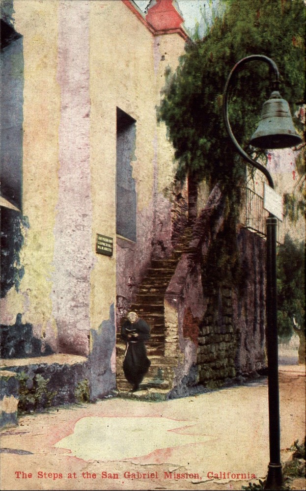 Steps at San Gabriel Mission California ~ vintage Van Ornum Colorprint postcard