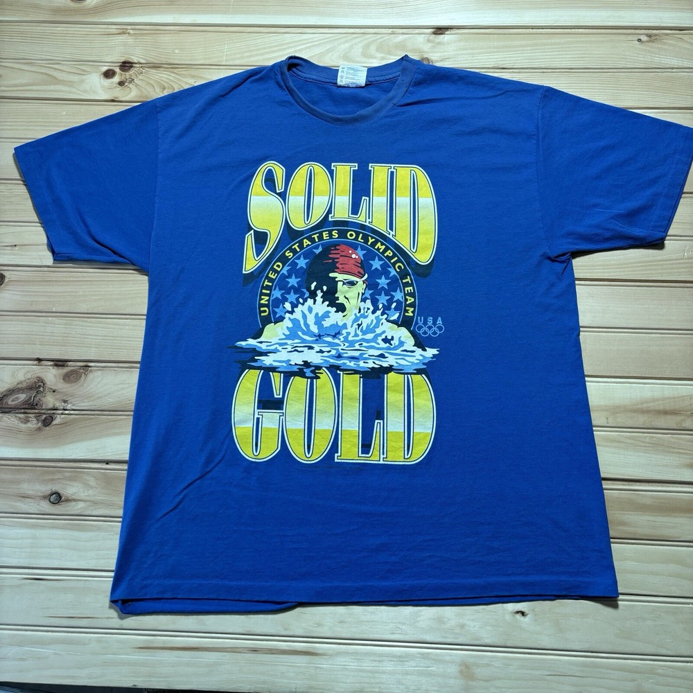 Vintage 90s USA Olympics Swimming Swim Team Solid Gold Shirt Size XL Blue