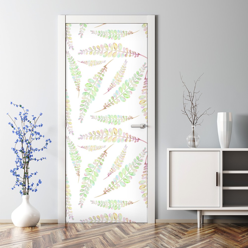 Bubble Free Door sticker Colourful subtle leaves Pastel colors Watercolour