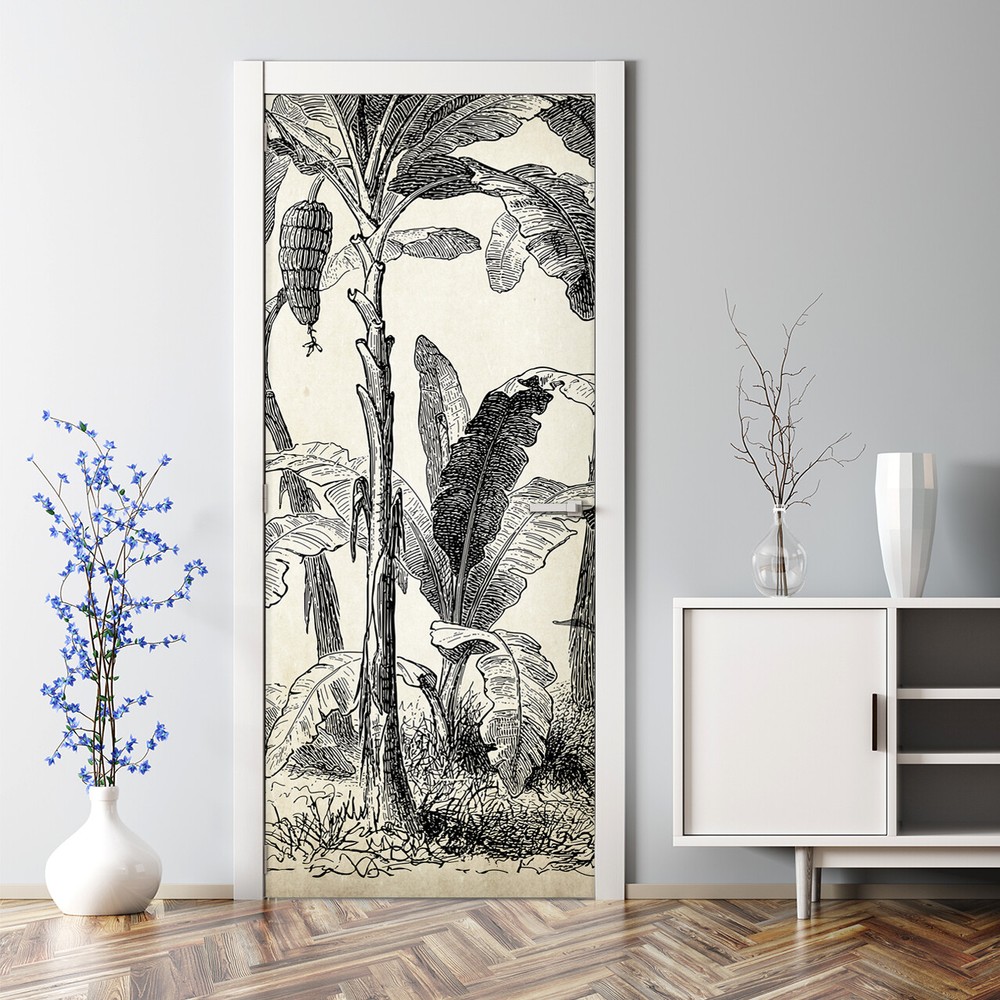 Vintage Palms Bubble-Free Black & Beige Door Decal for Home Decor