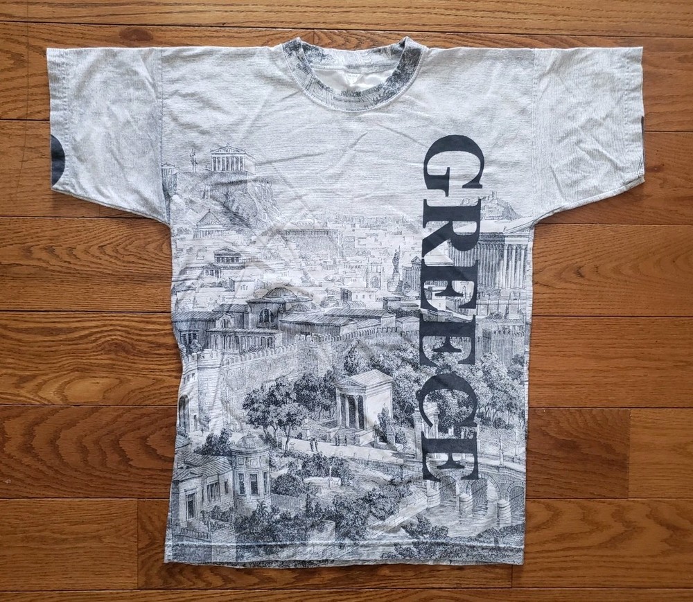 VINTAGE Greece T-Shirt Mens Large White All Over Print 90s Adult