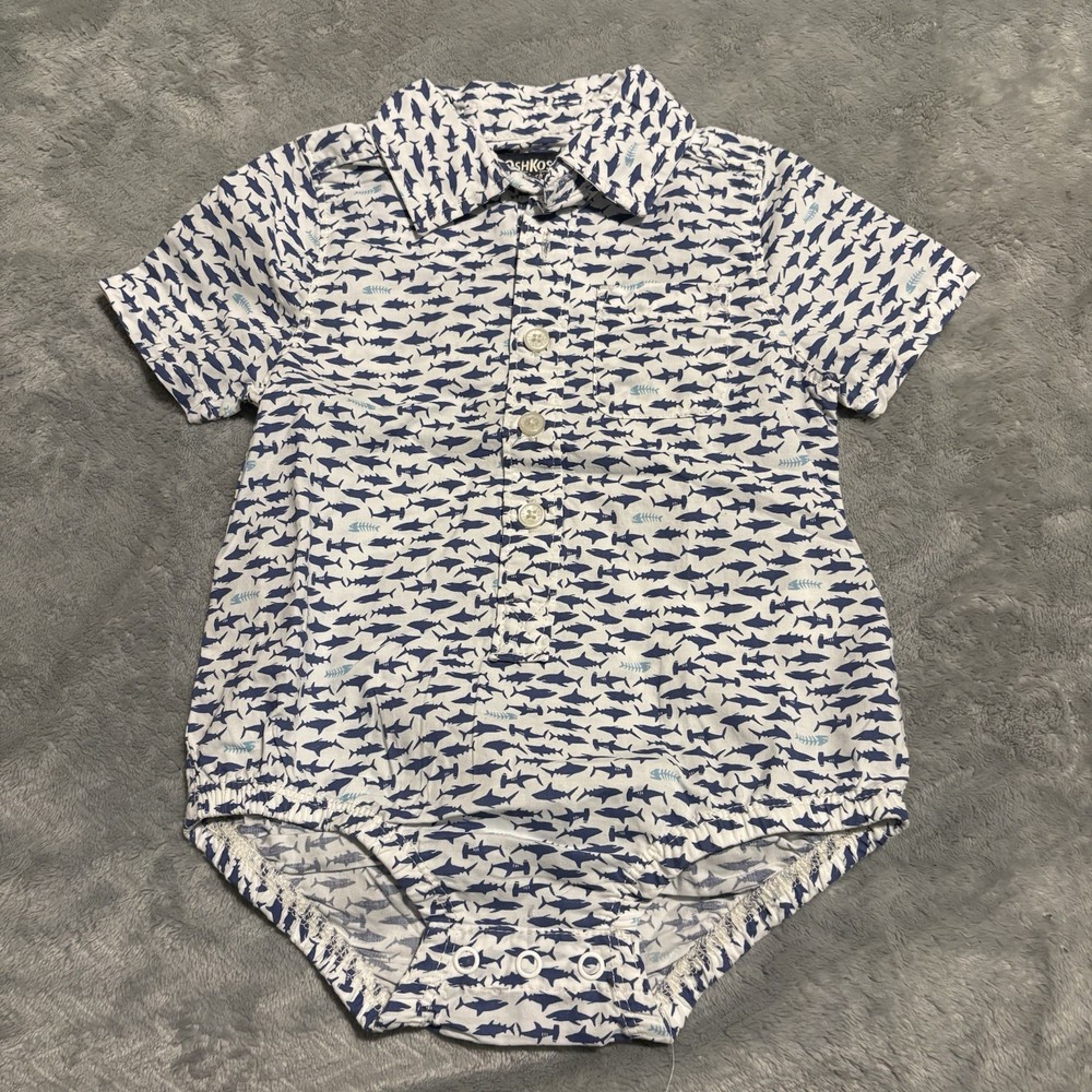OshKosh B'Gosh Baby Boys 9M Shark Print Collared Shirt Romper Bodysuit OnePiece
