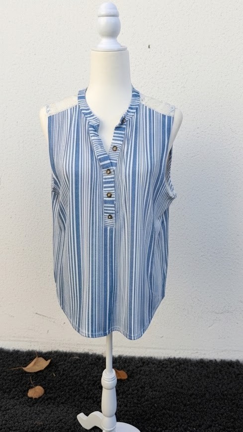 Sleeveless Summer Top Blue & White Stripe Size XL