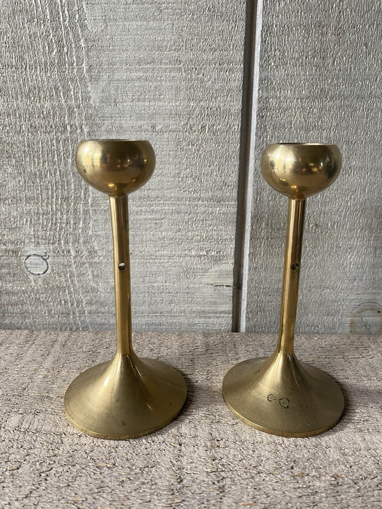 Vintage Tulip Brass Candle Holders Mid Century Scandinavian Small Set/2