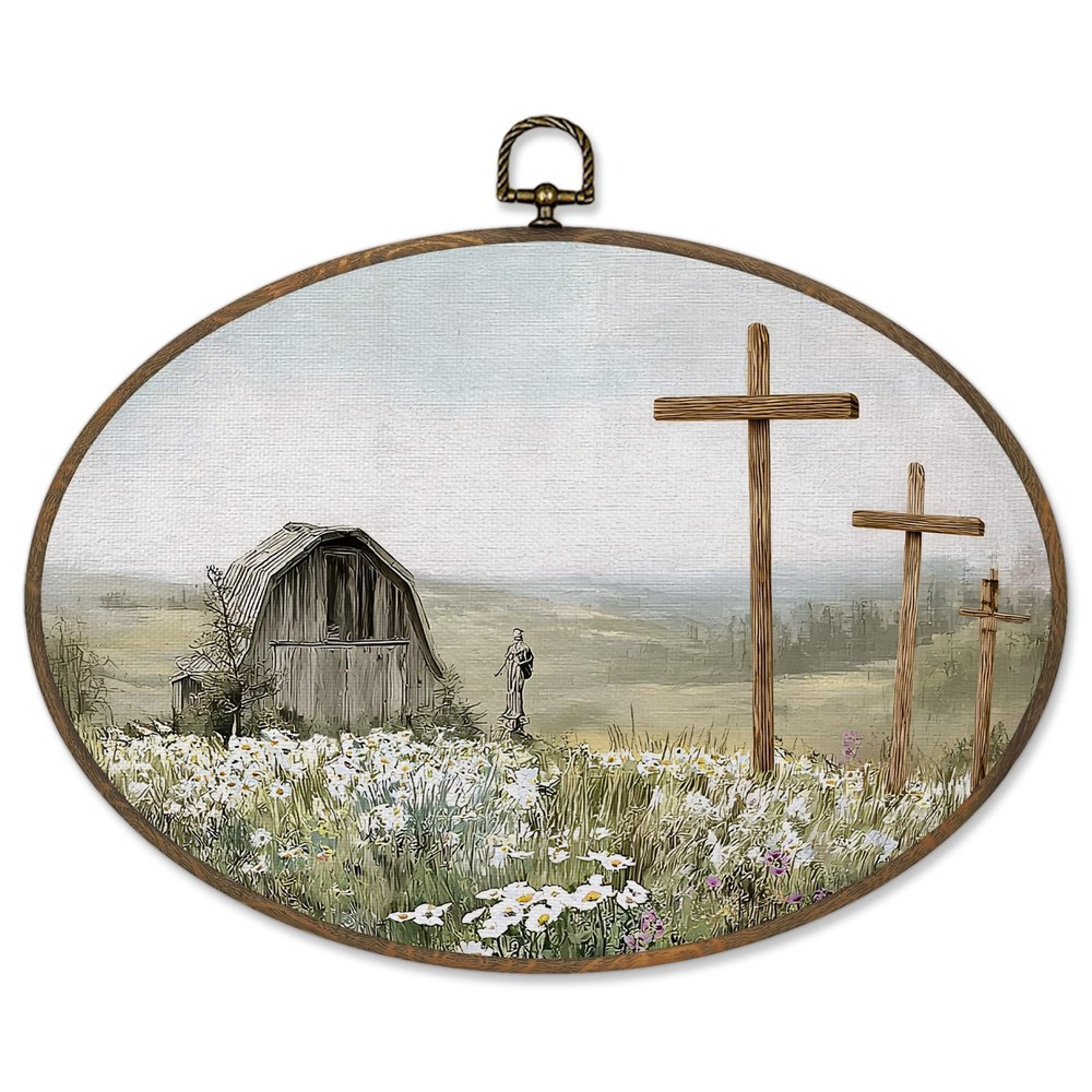 Vintage Cross Christian Oval Wall Art Decor 8.6x11.4, Christian Barn Framed C...