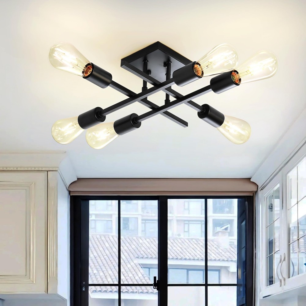 6-Light Black Industrial Semi Flush Mount Ceiling Fixture