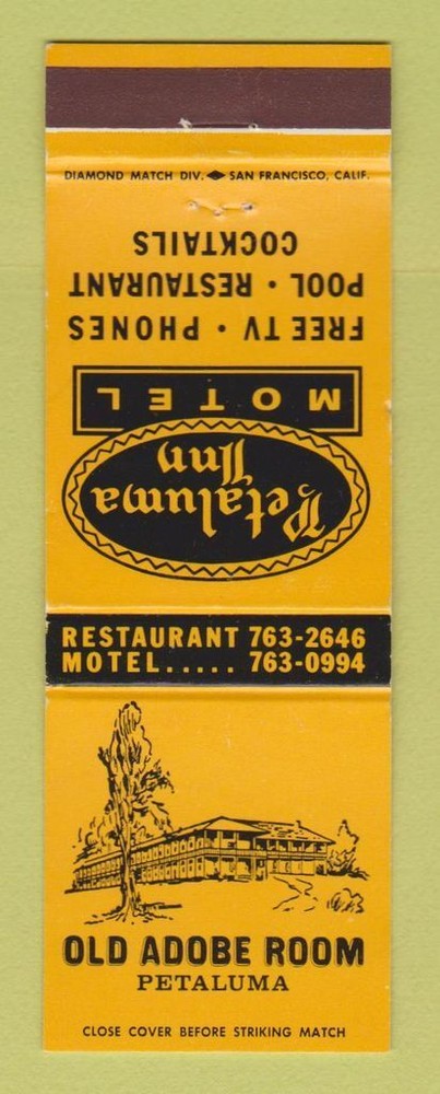 Matchbook Cover - Petaluma Inn Motel Petaluma CA Old Adobe Room