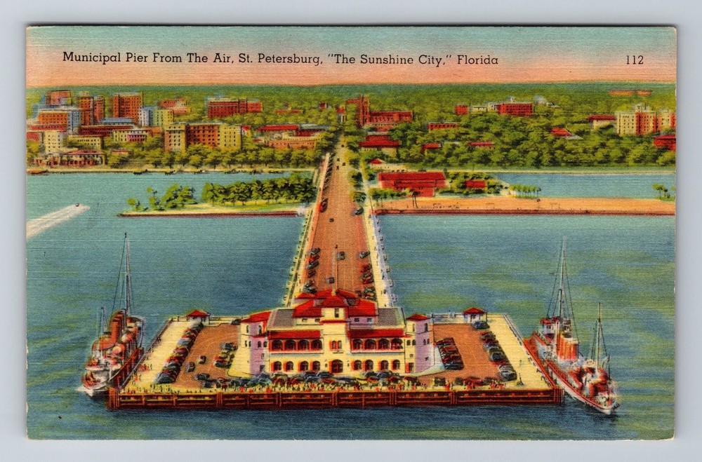St Petersburg FL-Florida Municipal Pier Aerial View Vintage Postcard