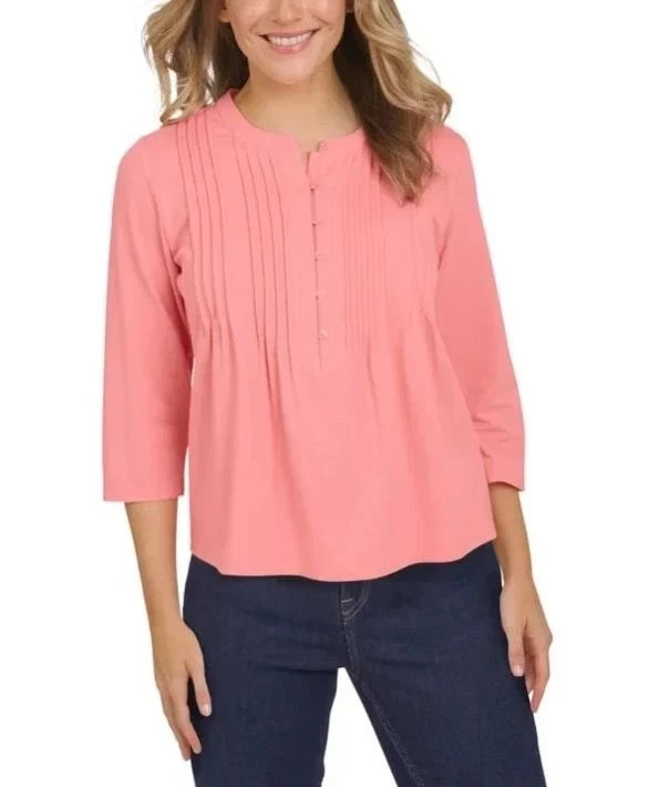 Lands' End Women's Button Front Pintuck Top, Pink, Size Small, New