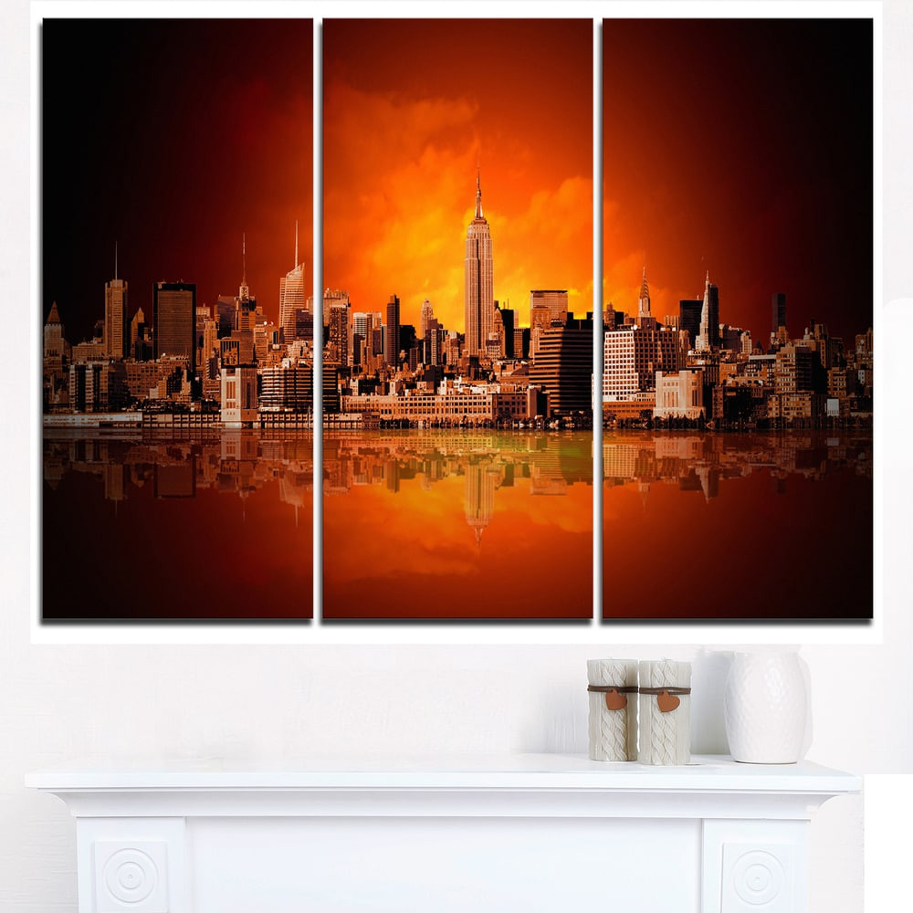 Vibrant NYC Skyline at Night - Red Light Cityscape Canvas Print 36x2 Inches