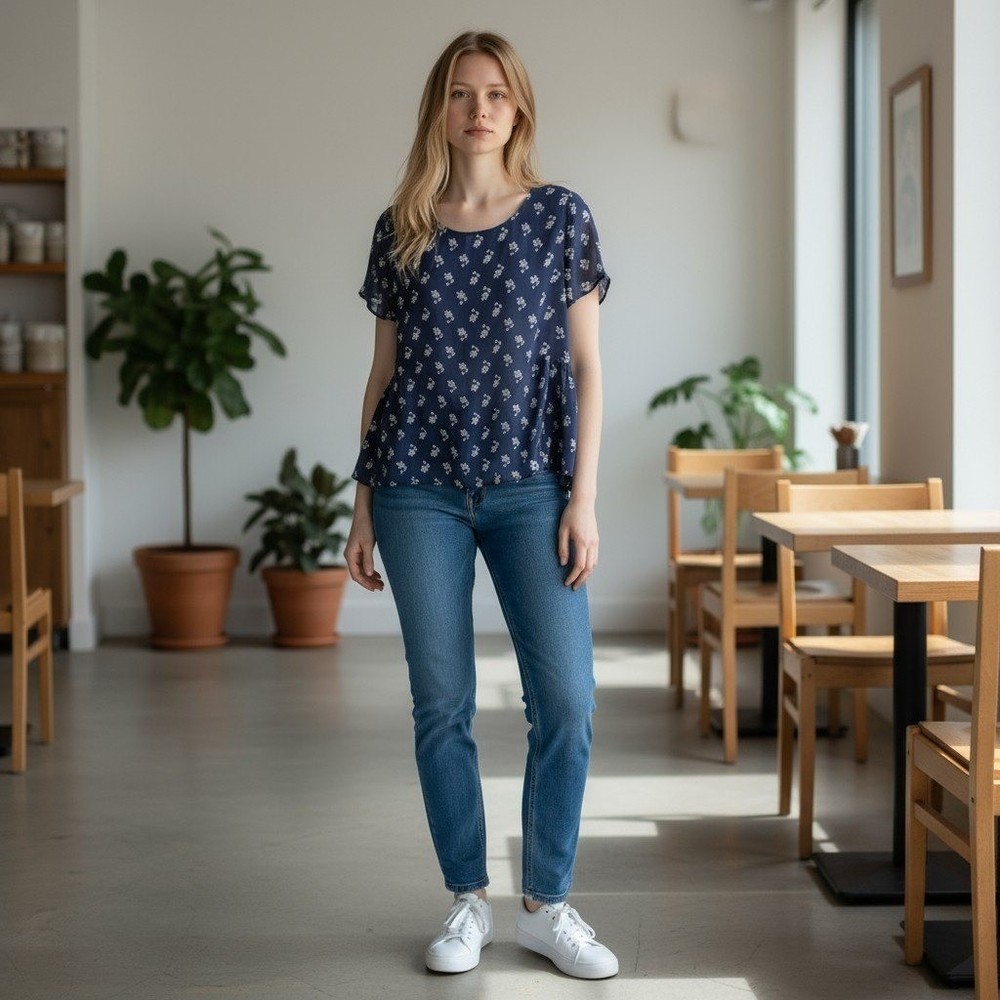 Pleione Floral Print Top Navy Blue Short Sleeve Peplum Blouse Casual