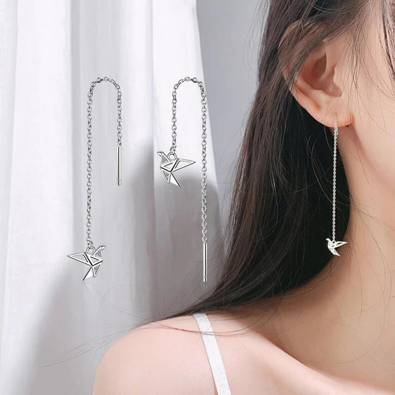 Sterling Silver Paper Crane Tassel Drop Earrings with Zircon Bird Dangle