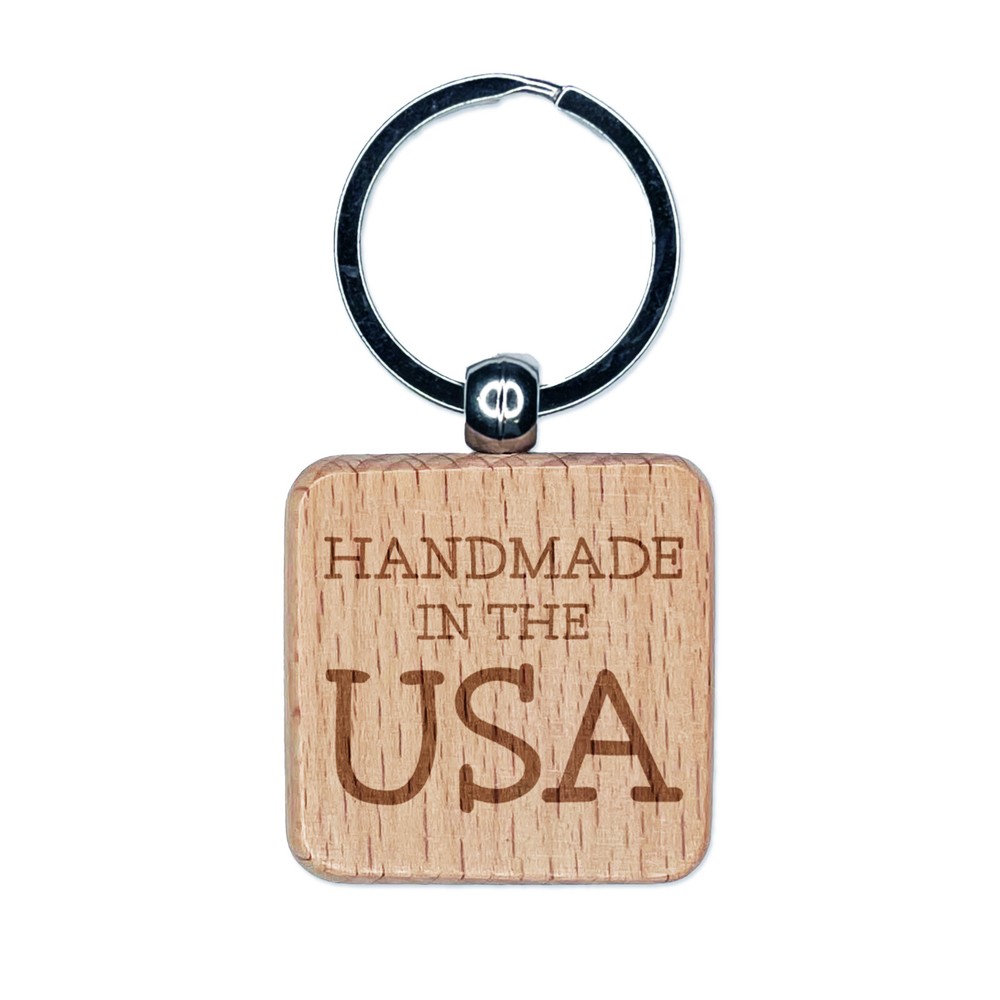 Handmade in the USA America Engraved Wood Square Keychain Tag Charm