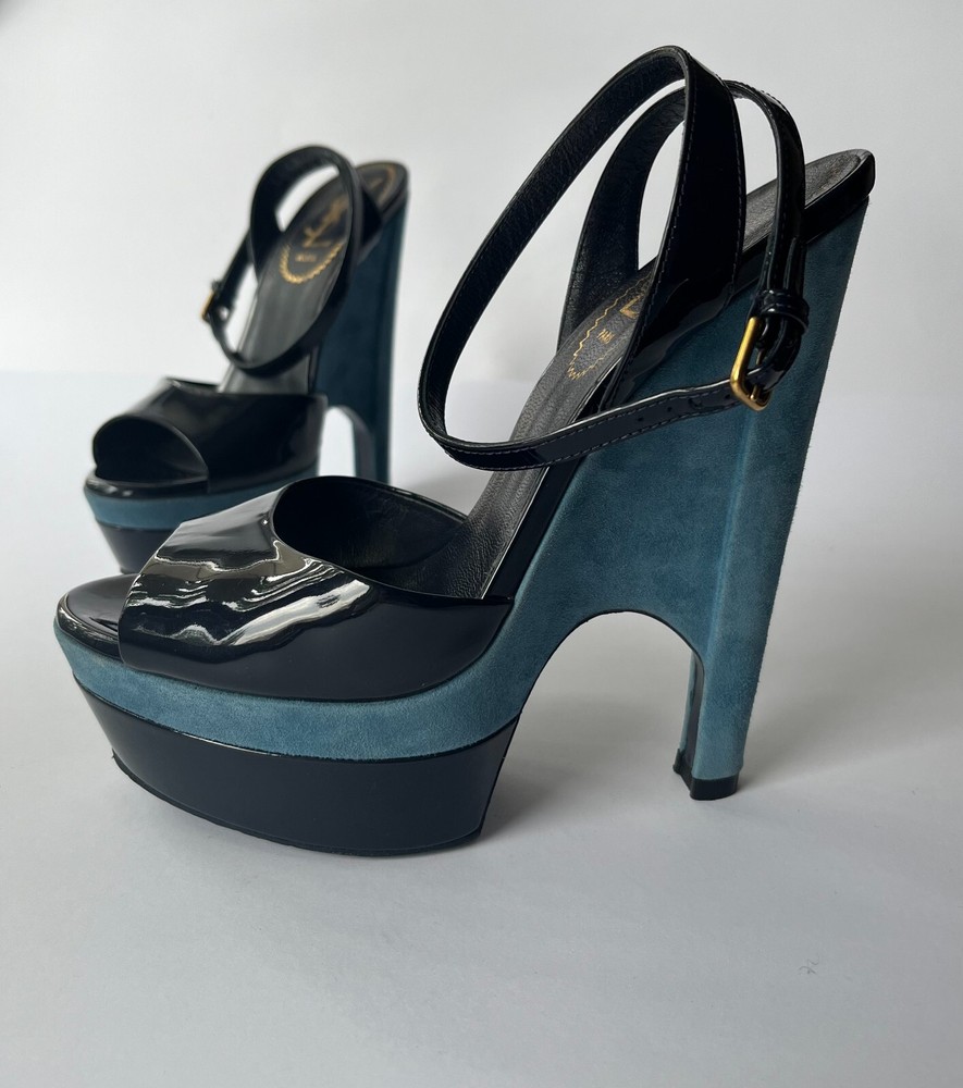 Yves Saint Laurent Suede and Patent Leather Platform Sandals, Size 35.5
