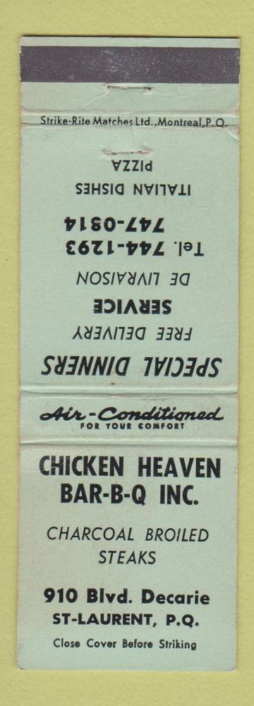 Matchbook Cover - Chicken Heaven BBQ St Laurent QC WEAR