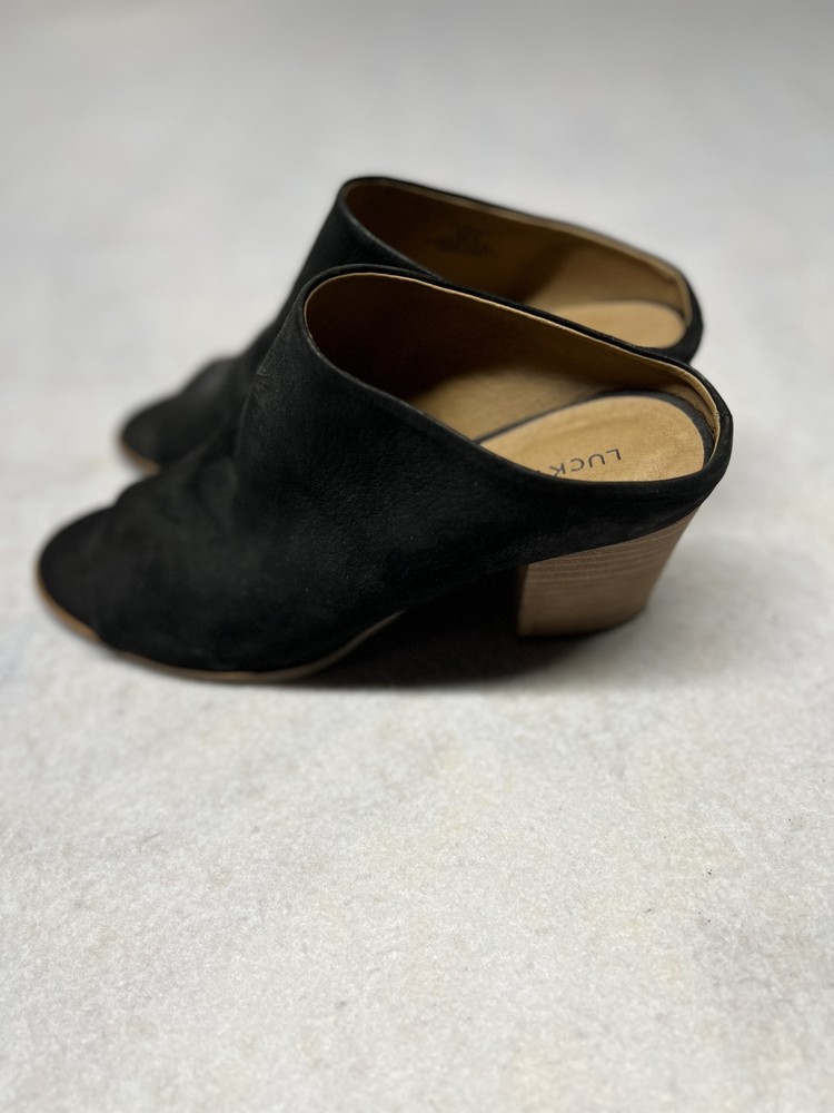 Lucky Brand Womens Black Organza Peep Toe Nubuck Leather Block Heel Mules Size 9M