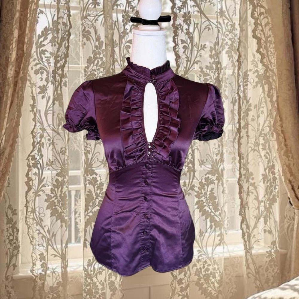 Vintage Y2K Whimsygoth Fairycore Purple Satin Ruffle Button Up Top
