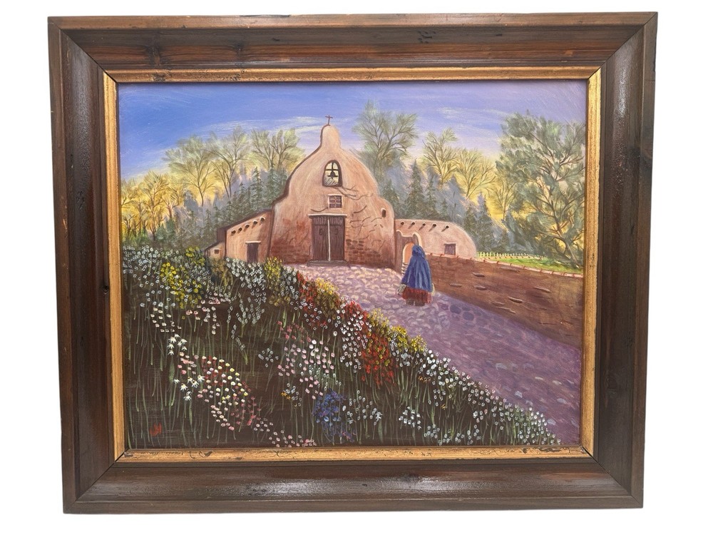 Original Oil On Canvas Old Adobe Mission Church Sighed JH Framed 24.5”x 20.5”