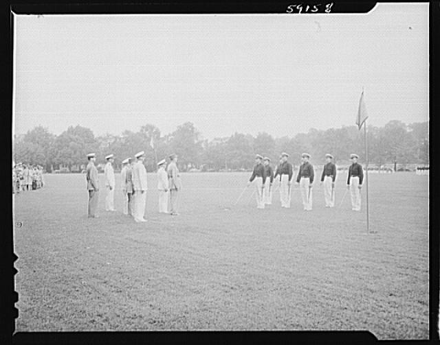 Photo:Military Drill Ceremony 1930s Cadets Parade Formation Field Flag