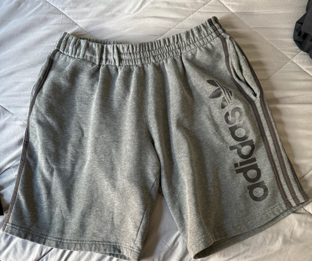 Grey embroidered Adidas shorts three black stripes Men’s Size Large
