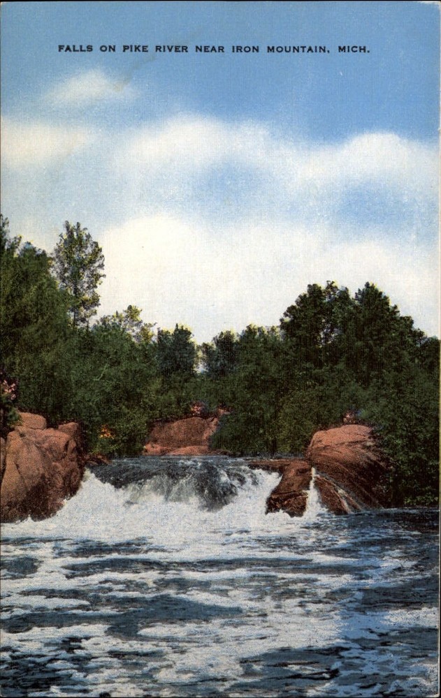 Falls Pike River Iron Mountain Michigan ~ 1940s linen postcard