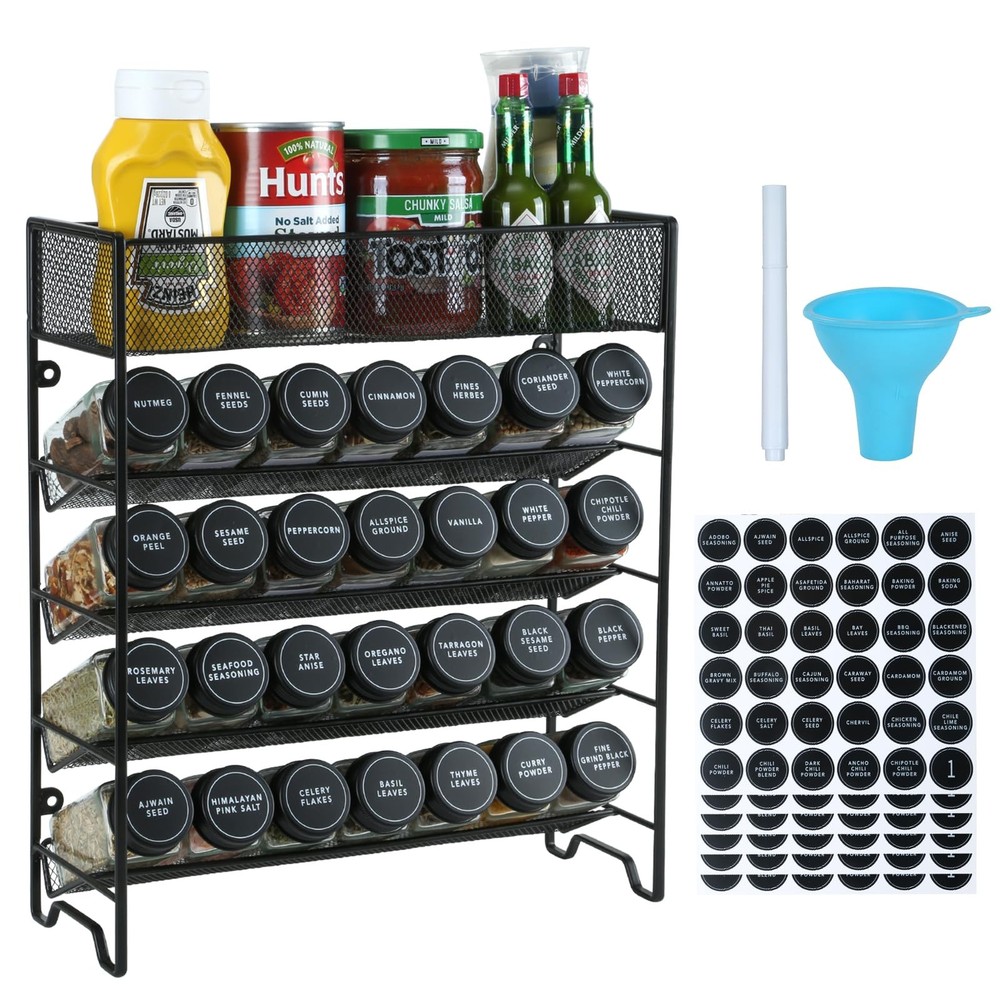 Spice Rack Organizer with 28 Spice Jars, Black Lids，Spice Labels, Chalk Marke...