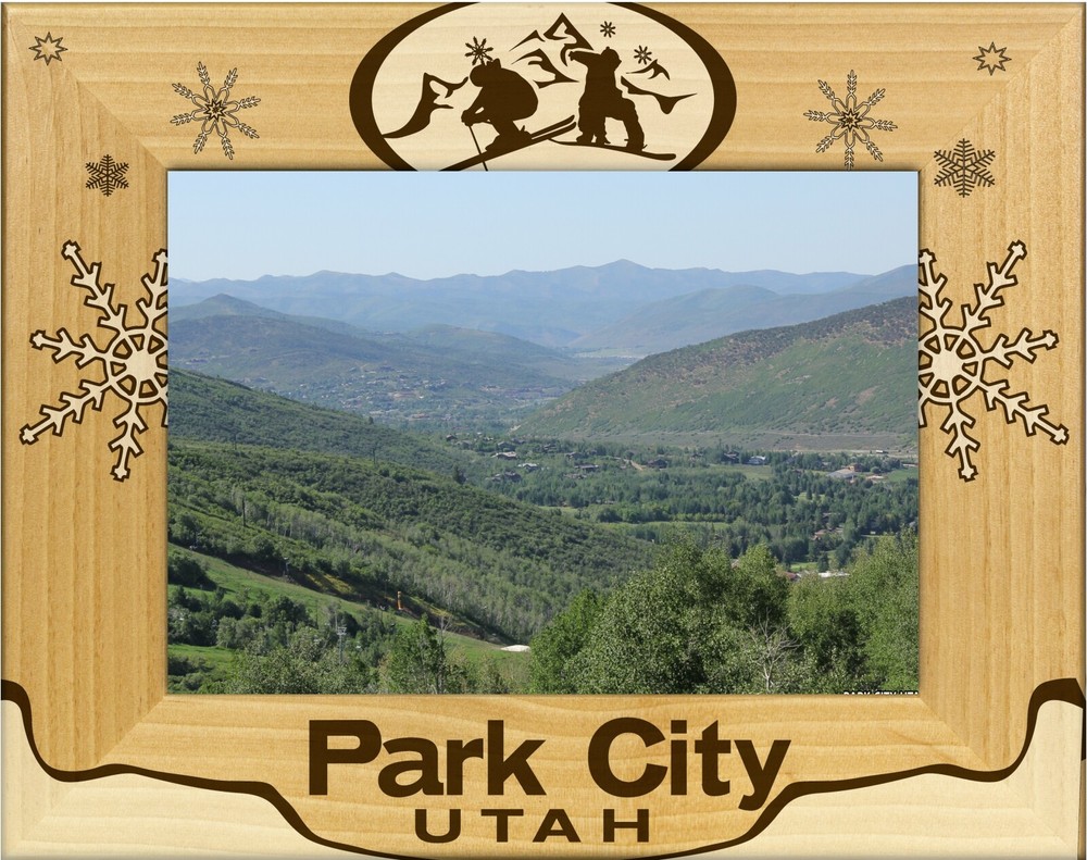 Park City Utah with Skier Laser Engraved Wood Picture Frame Landscape (4 x 6)