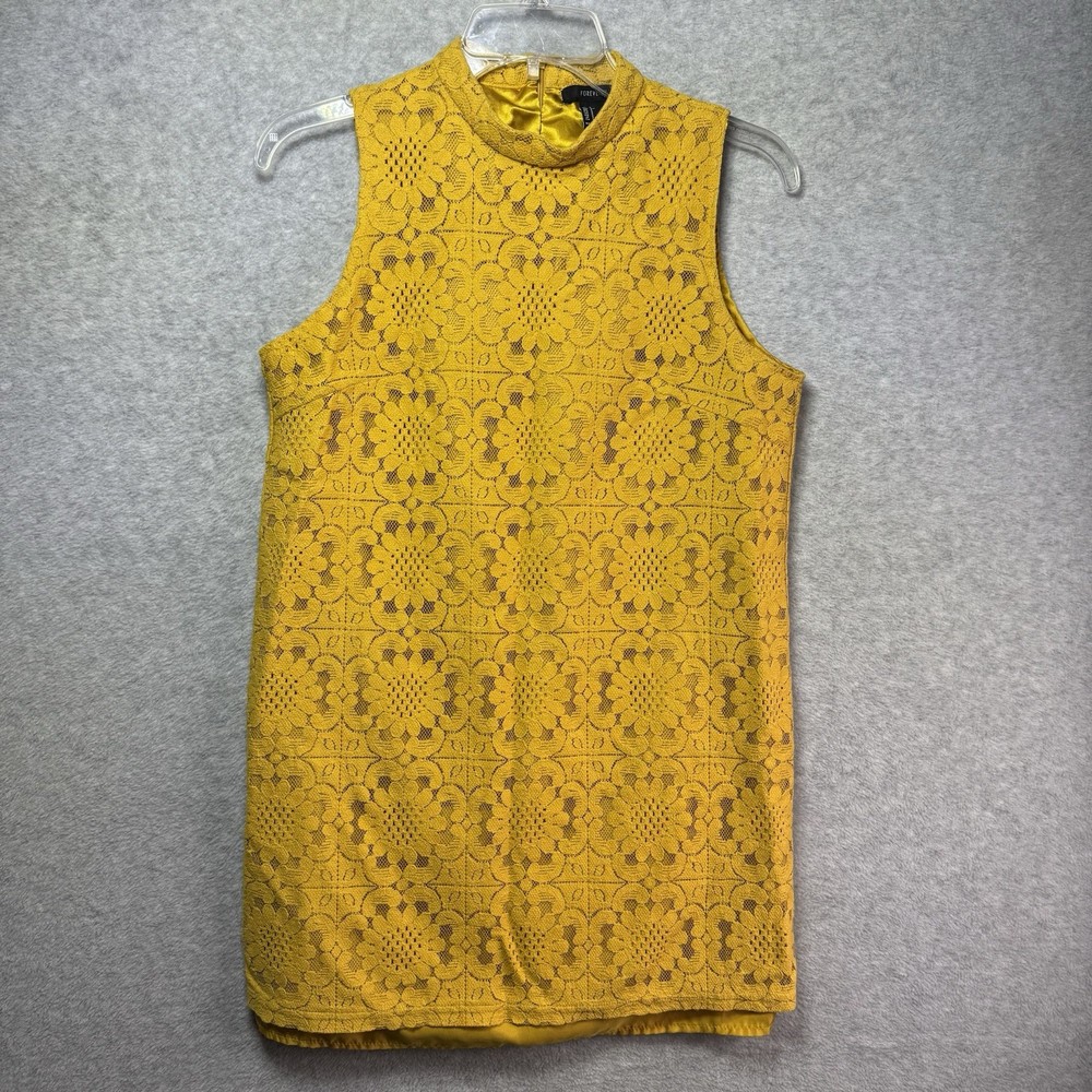 Forever 21 Crochet Floral Lace Mini Dress Small Yellow Gold Boho Hippie Western