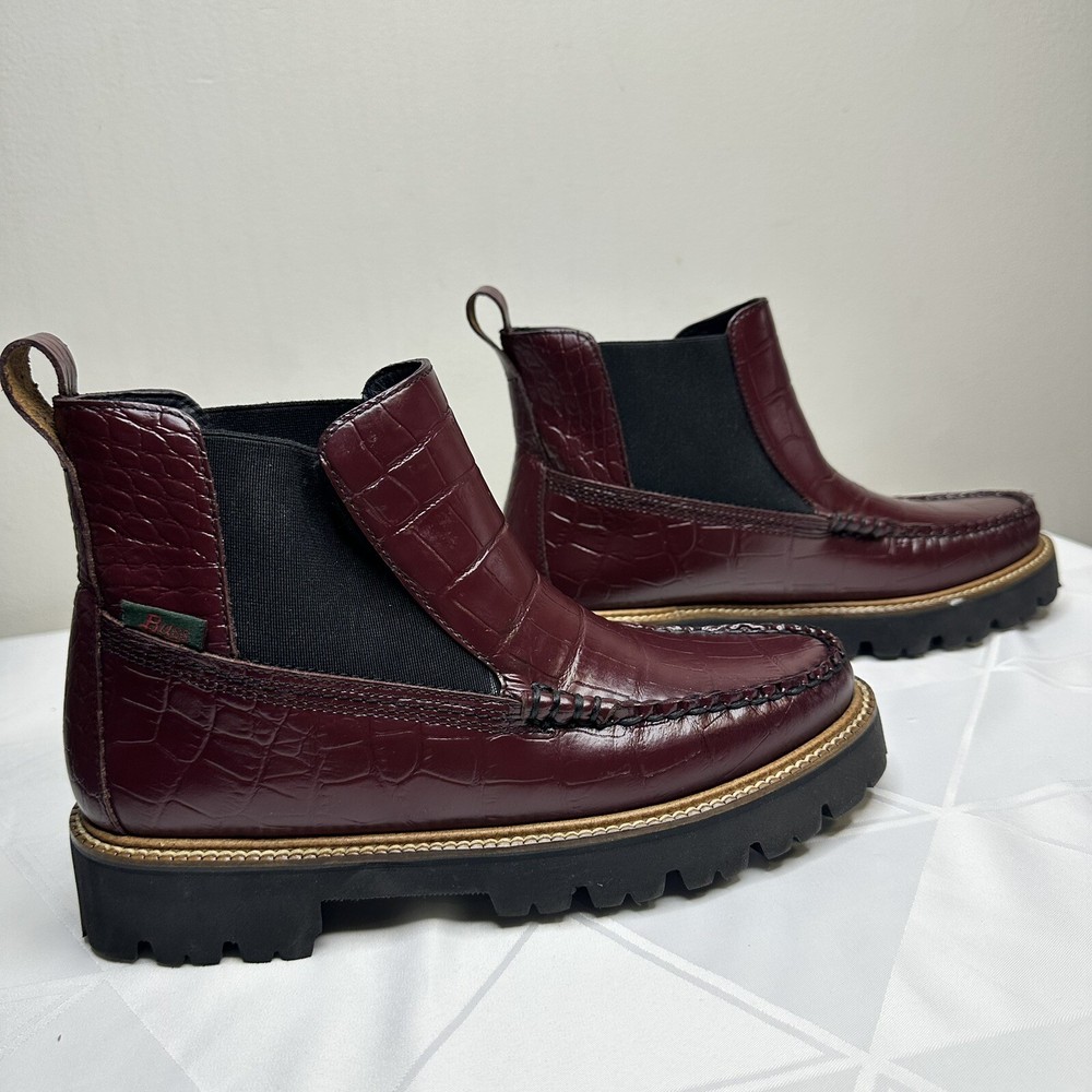 New G.H.Bass Leather Weejuns Chelsea Croc Lug Boot Wine Size 7 M