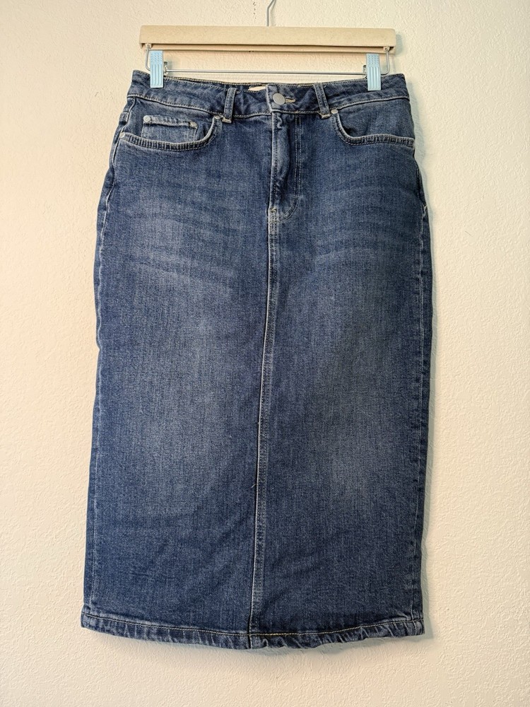Anthropologie Pilcro Size 2 Dark Wash Denim Midi Pencil Stretch Skirt Split Hem
