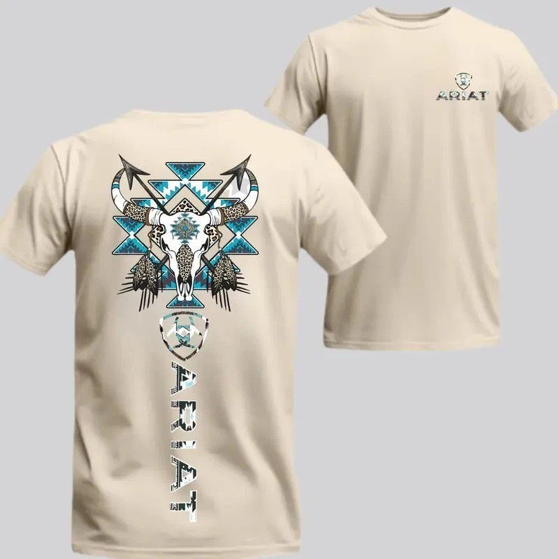 Ariat Western Tribal Bull Skull Graphic T-Shirt Turquoise Accents Soft Cotton