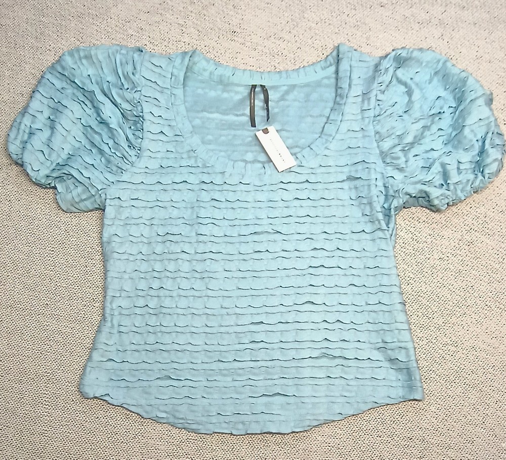 Anthropologie Women Ethereal Fairy Romantic Coquette Puff Sleeve Blouse Baby Blu
