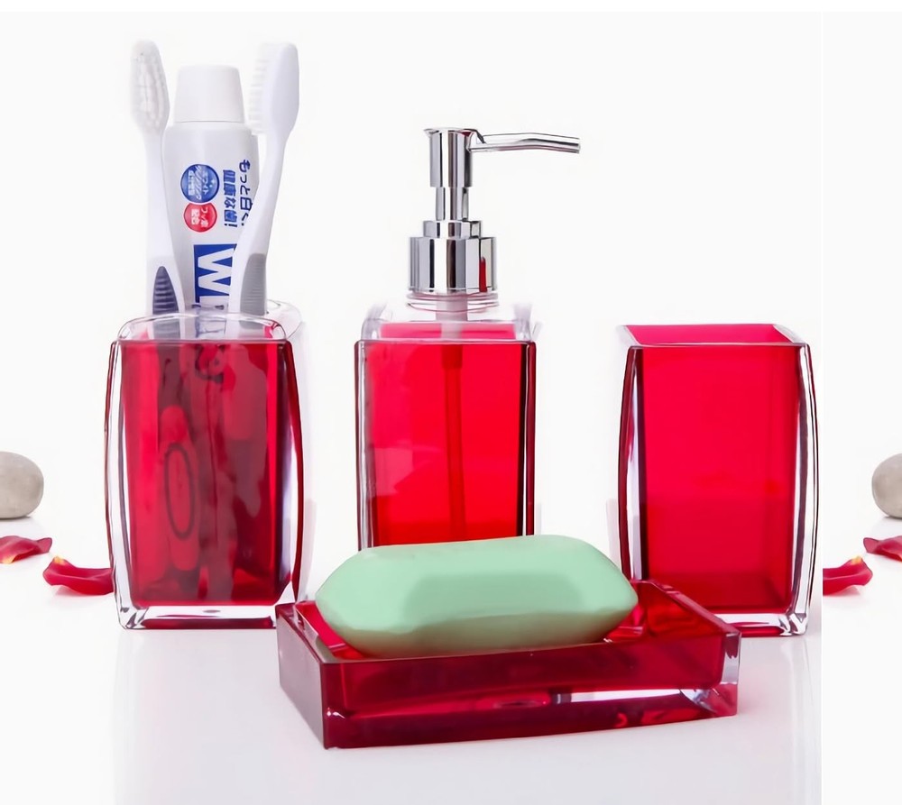 Red 4-Piece Acrylic Bathroom Set with Soap Dispenser