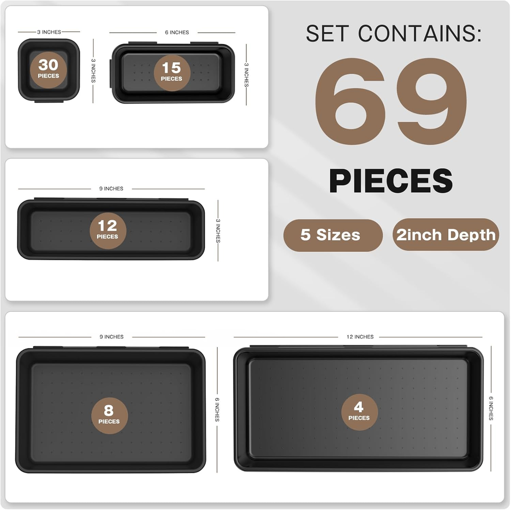 69PC Tool Box Organizer Set 5 Sizes Black Drawer & Garage Storage Divider Trays