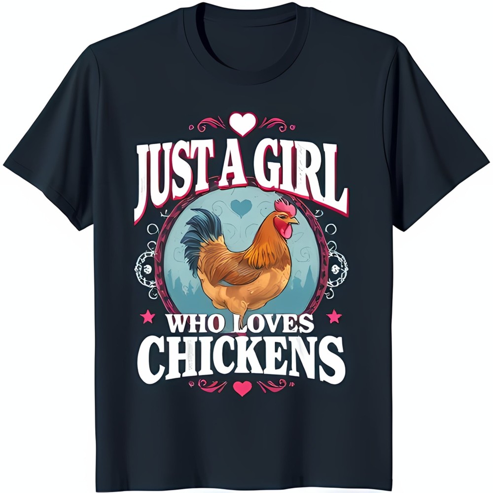 Just a Girl Who Loves Chickens Black T-Shirt with Vintage Rooster Graphic & Hear