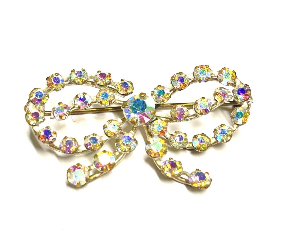 Vintage Silver Tone Sparkling Aurora Borealis Rhinestone Bow Brooch